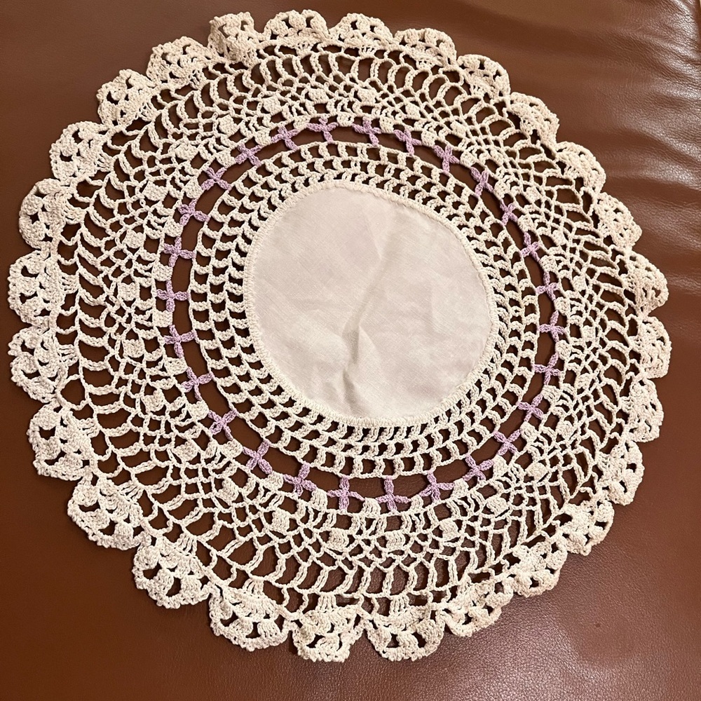 Vintage Cream and Pink Crochet Doily. Handmade